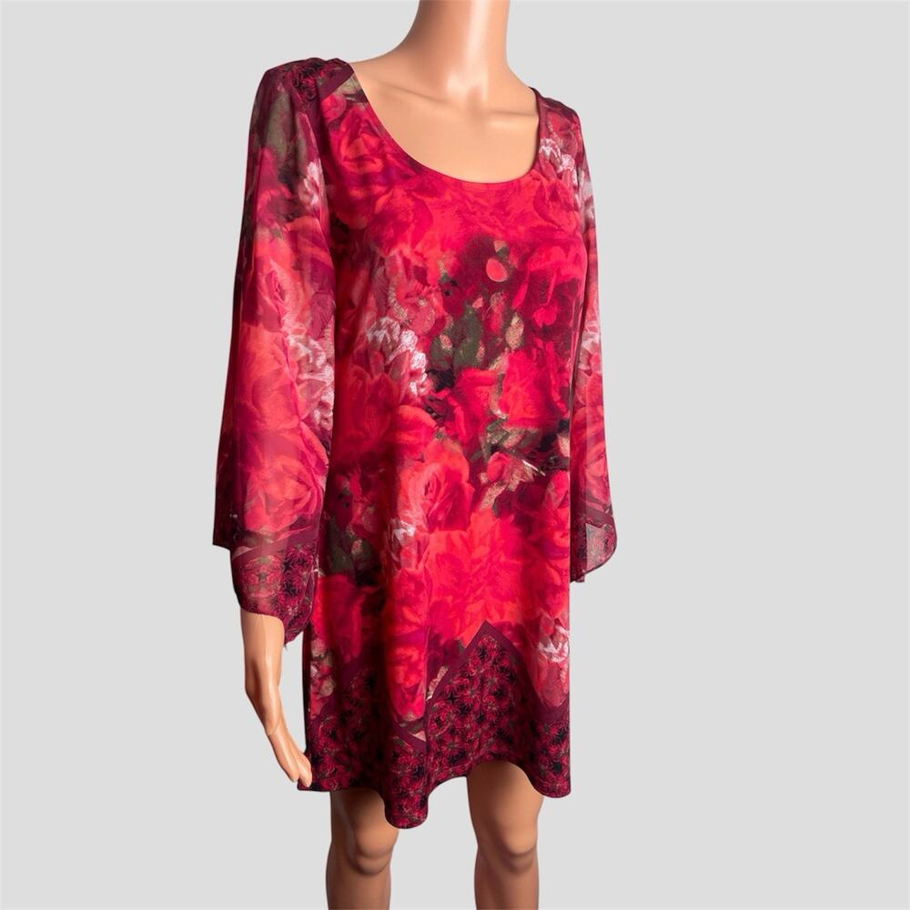 Style&Co Scoop Neck Long Sleeves Dress 3/4 Sleeve‎ Tunic Top Red Floral Medium